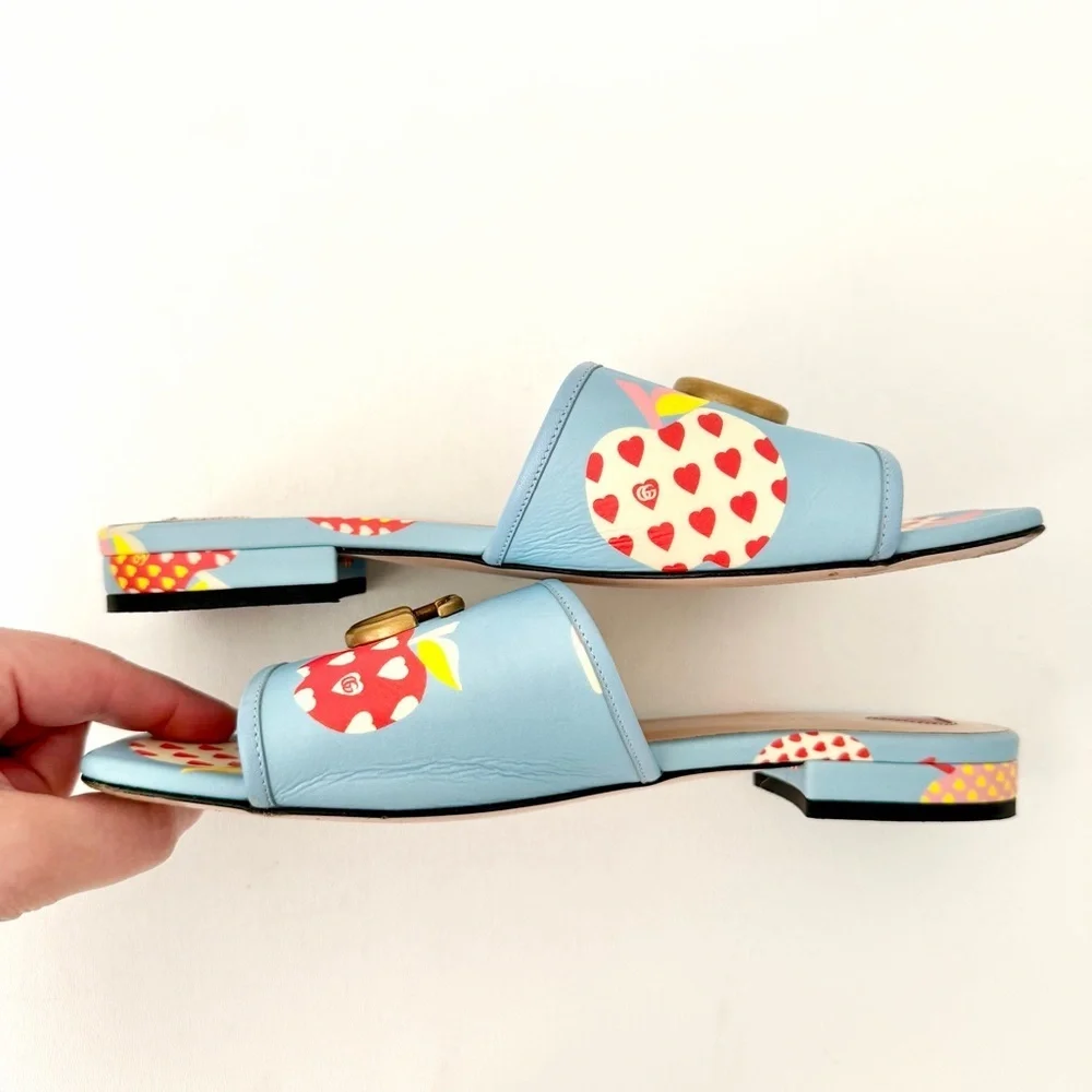 GUCCI || Blue Apple Print GG Marmont Slide Sandals Flats EU 37